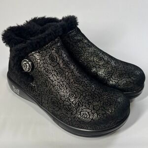 Alegria Meri Black Floral Water-Resistant Leather Ankle Boots Faux Fur Lined 37W